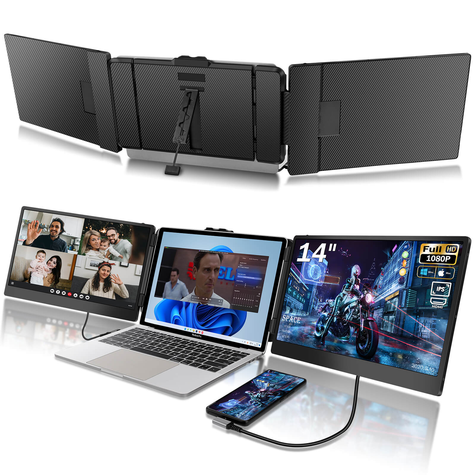 CopGain Laptop Monitor Extender S2 14'' Tri Screen Portable Monitor for 13-17.3'' Laptop