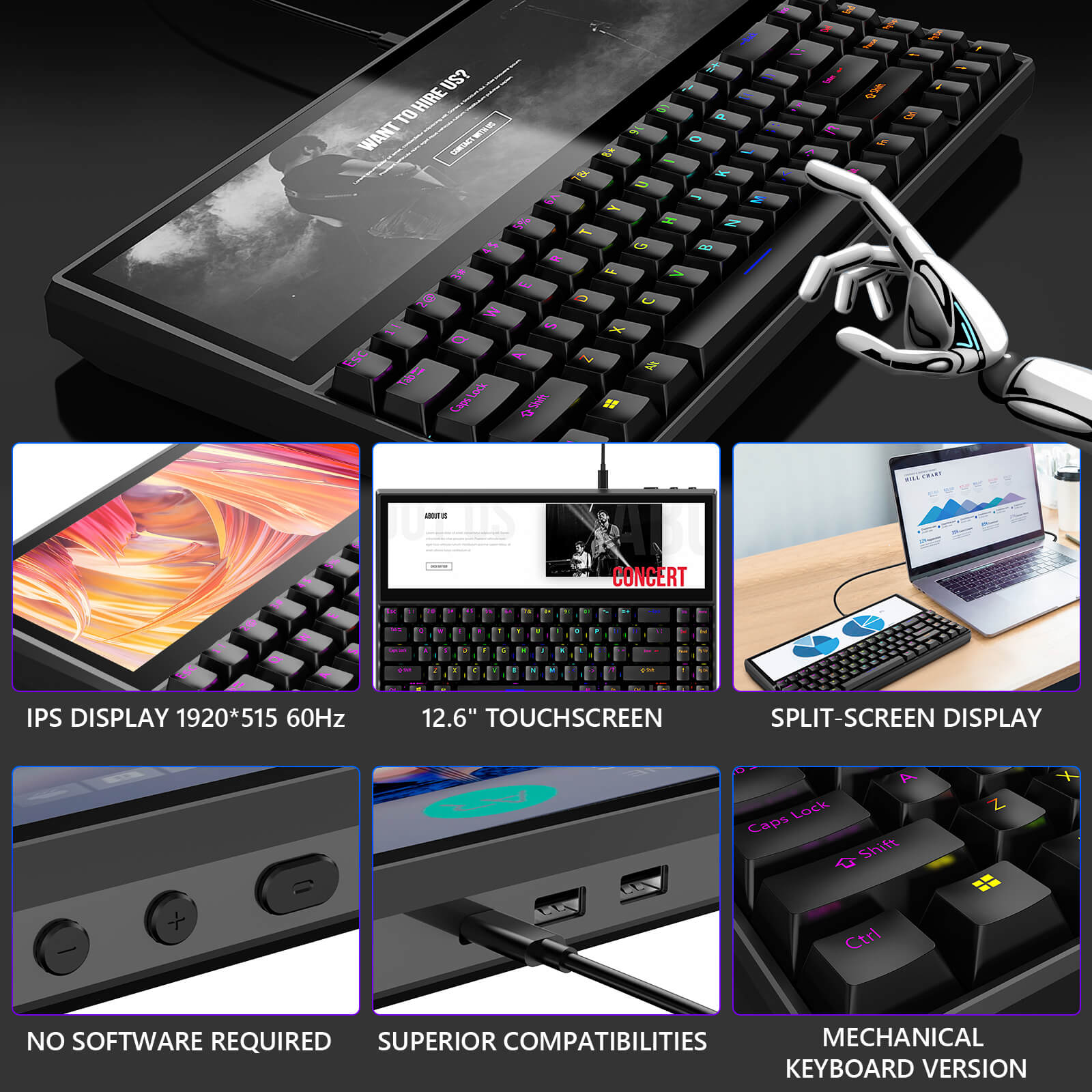 CopGain Mechanical Keyboard with 12.6‘’ Touchscreen RGB Backlit K2