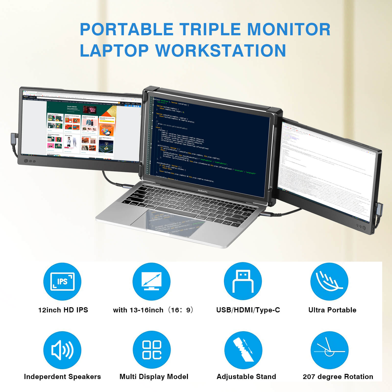  P2 Triple Portable Monitor for Laptop Screen Extender Dual 12  Inch FHD 1080P IPS Display USB-A/Type-C/HDMI/Speakers for 13-16 Inch  Notebook Computer Mac Windows Phone : Electronics